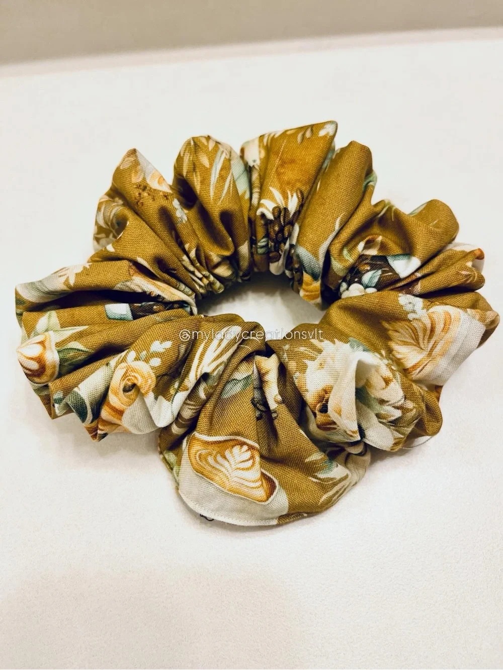 Starbucks Inspired Coffee Floral Cream Sage Brown Handmade Scrunchies
